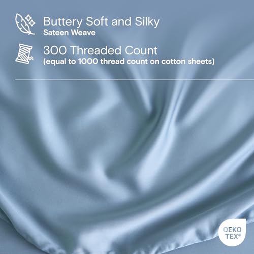 Image of DOZ Sheet Set, 100% Viscose derived from Bamboo, Organically Grown, Buttery Soft, Cooling Sheets, High GSM, Deep Pockets - 3 Piece - 1 Pillowcase 1 Fitted Sheet 1 Top Sheet (Sky, Twin)