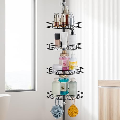 ASKLUND Etagere Douche Telescopique Rangement Salle de Bain Angle Sans Percage Acier Inoxydable avec 4 Paniers, Réglable en Hauteur 85-325cm, pour la...