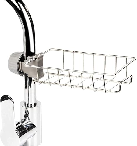 Image of Faucet Mounted Sponge Holder for Kitchen Sink - Stainless Steel Tap Storage Rack Organizer | Adjustable Clamp Basket for Scrubber, Soap, Dishwashing Accessories | Kitchen Sink Organiser