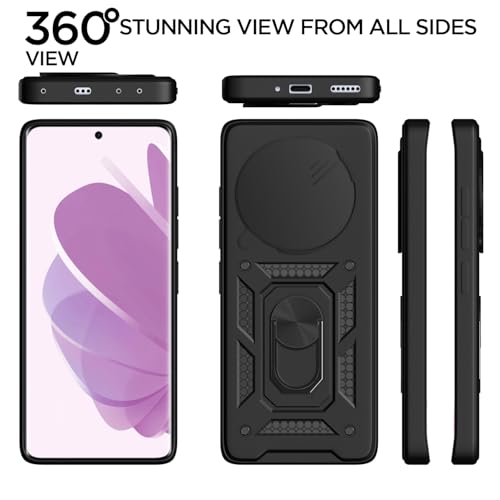 Image of Pikkme Back Cover for Redmi Note 14 Pro 5G | D10 Tough Armor | 360 Protection Case | Sliding Camera Shield Cover & Ring Holder Stand Bumper Case (Black)