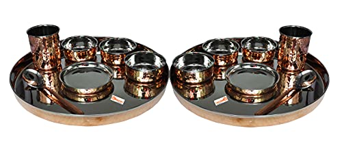 Pack Of 2 Set Stainless Steel Copper Traditional Dinnerware Set Of Thali Plate, Bowls, Glass And Spoon, Diameter 13-Inch
