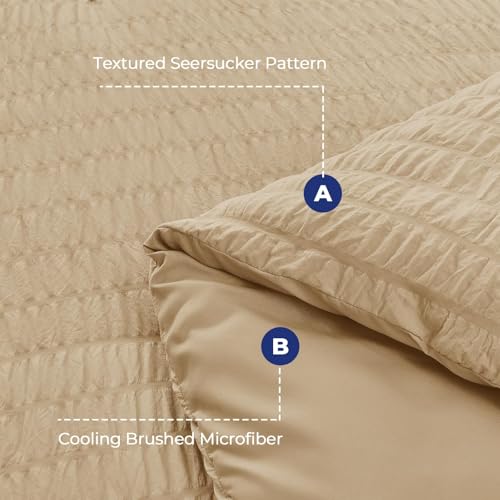 Image of HYMOKEGE Khaki Full Size Comforter Sets Seersucker 7 Pieces, All Season Luxury Bed in a Bag for Bedroom, Bedding Set with Comforter, Sheets, Pillowcases & Shams