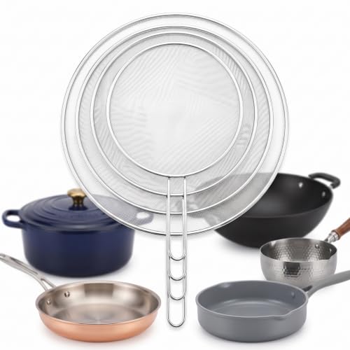 Image of 4-Piece Stainless Steel Splatter Guard Set (13 inch,11.5 inch, 10 inch,8 inch) Splatter Screen for Cooking,Perforated Stainless Steel,Comfortable Grip,Shield from Splashing Oil