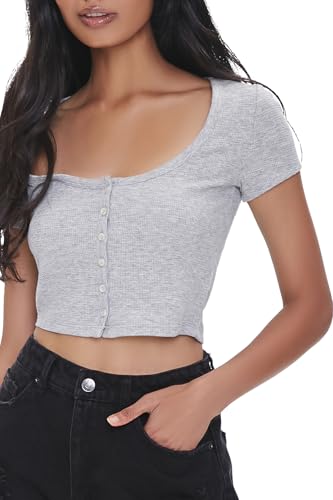 Forever 21 Blusa cropped feminina com botões frontais, Cinza mesclado, P