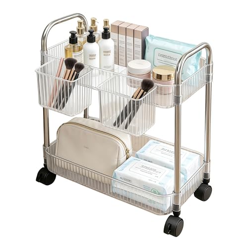 Image of 2 Tier Utility Rolling Cart with Wheels Sofa Side Table Small Under Desk Storage Organizer, Clear Acrylic Plastic Mobile Trolley Organization Storage Cart for Kitchen Pantry Bathroom Vanity