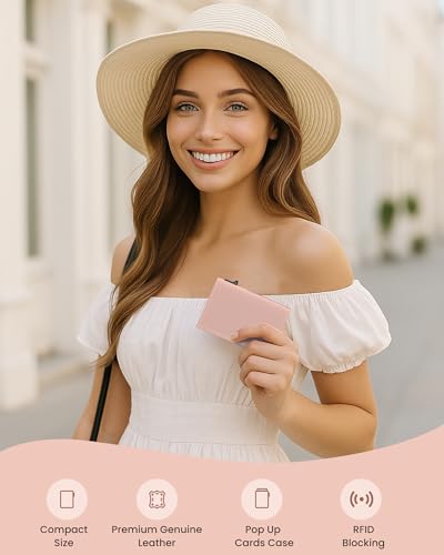 Image of typecase Womens Wallet Card Holder: Pop Up Card Case, Genuine Leather, RFID Blocking, Slim, Minimalist, Thin, Small Size - 9-14 Card Capacity, ID Window, Cash Pocket (Blush Pink)