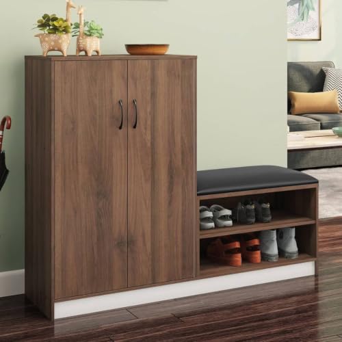 Image of Urban Ladder Alex 21 Pair Shoe Cabinet with Seating | Closed Shoe Rack with Doors | Classic Walnut Finish