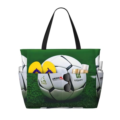 White Soccer Ball Large Beach Tote Bag Women Beach Tote Bag For Pool Gym Grocery Travel With Multiple Pocket