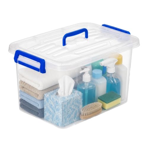 Image of Basicwise Clear Tote with Latching Lid - Stackable Plastic Organizer Bin, Durable Container for Home, Office, or Closet - Built-In Handles, Transparent Design, Modern Style, Large Capacity