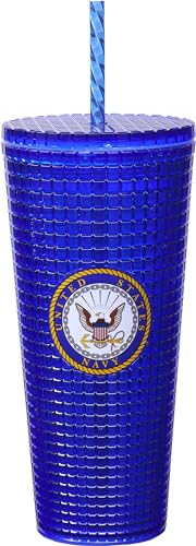 Image of Spoontiques Diamond Tumbler, 20oz - Textured Cup w /Staw, Double Wall Insulated, BPA Free - US Navy