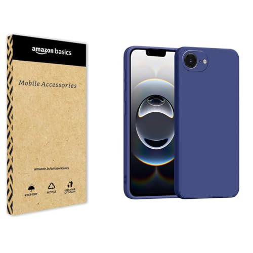 Image of amazon basics Back Cover for iPhone 16E | Ultra Slim Soft Rubberised Case | Matte Silicone Flexible Mobile Case | Camera Protection - Blue