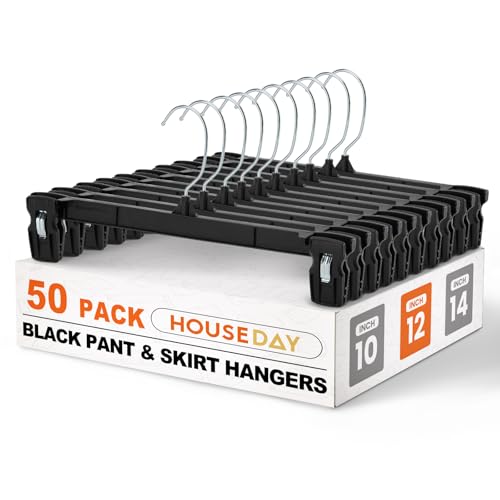 HOUSE DAY Black Pants Hangers 50 Pack, 12 Inch Skirt Hangers with Non-Slip Big Clips and 360° Swivel Hook, Heavy Duty Slim Plastic Pant Hanger, Space Saving Clip Hanger for Pants, Skirts, Shorts
