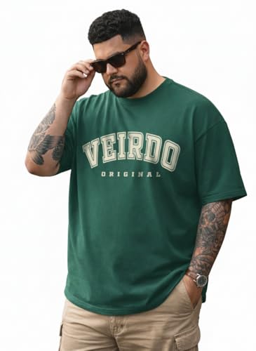 Image of Veirdo 100% Pure Cotton Oversized Fit Drop Shoulder Aesthetic Front Chest Typo Graphic Printed T-Shirt for Men (Sizes : 2XL to 5XL)