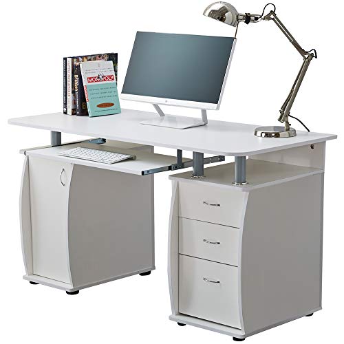 RayGar White Deluxe Design Computer Desk With Cabinet and 3 Drawers For Home Office Table Workstation - New (White)