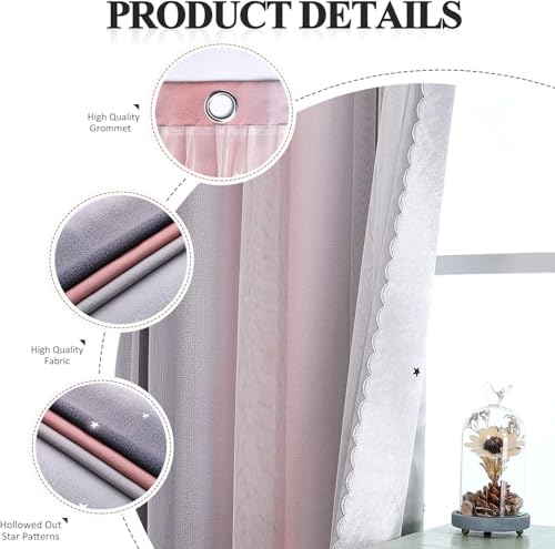 Blackout Curtains for Living Room Bedroom Eyelet Nursery Kids Girls - Voile Net for Windows, 2 Panel 52 x 84 Inch Drop, Soundproof Thermal Pink Grey - Image 6