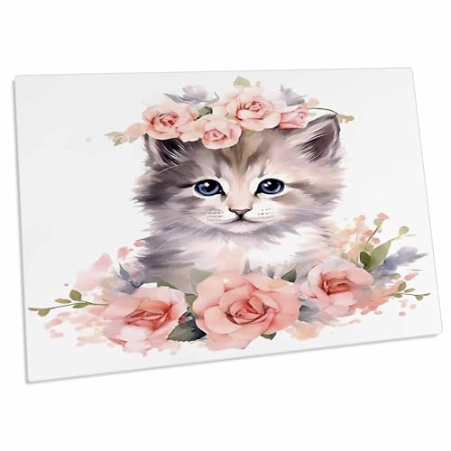 Alfombrilla grande para escritorio con diseño floral y gatito miniatura 1