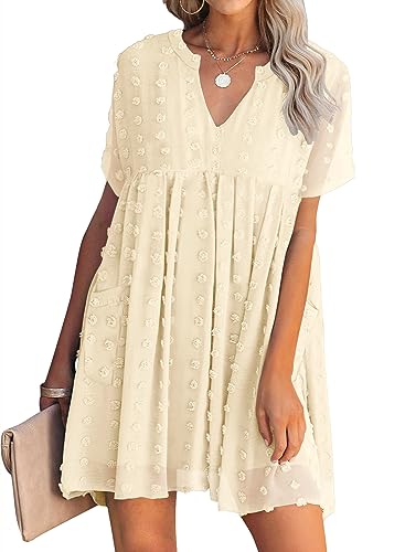 Image of MIHOLL Women's V Neck Short Sleeve Ruffle Loose Summer Flowy Mini Dress