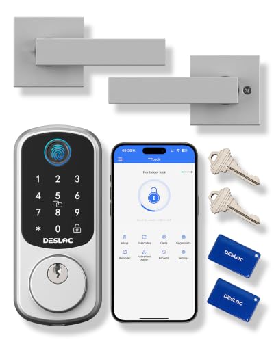 Image of DESLOC B200 Fingerprint Smart Lock with 2 Durable Lever Handles, Keyless Entry Front Door Lock Set, Electronic Keypad Deadbolt, App Control, DIY Installation, Designed for a Secure DESLOC Home, Silver