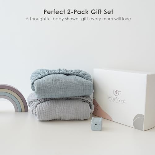 Image of MairMore 2 Pack Muslin Fitted Bassinet Sheets for Babies, Soft & Breathable 100% Cotton Bedside Sleeper Bassinet Sheet, Moses Basket Oval Rectangle Pad /Mattress (Blue)