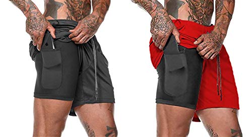 Smilily Men's 2-in-1 Running Shorts Quick Drying Breathable Active Exercise Jogging Cycling Shorts