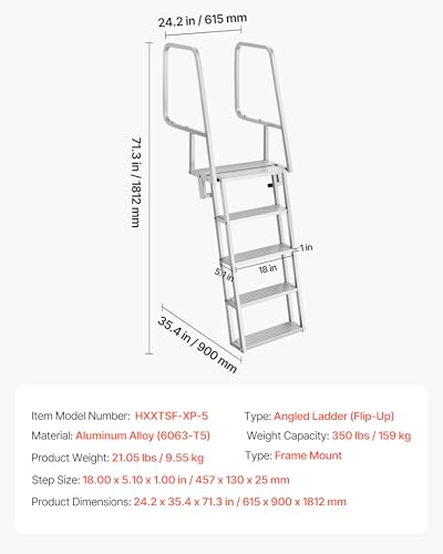 Image of VEVOR Flip-Up Dock Ladder, 5-Step, Heavy-Duty Aluminum Alloy Pontoon Boat Swim Ladder, with Non-Slip Wide Steps, 350 lbs Weight Capacity, Pull Rope Assist, Comfort Use for Lake Pool Marine Boarding