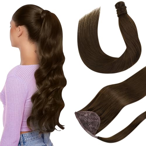 Hetto Hair Extension Ponytail Human Hair Brown 18 Inch Clip in Ponytail Hair Extensions Wrap Around Real Hair Ponytail Extension Straight for Quick Hairstyles 80g #4