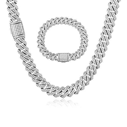 Luxfine 12Mm Iced Out Miami Cuban Link Bracelet Necklace 14K Real Gold Plated Hypoallergenic Hip Hop Jewelry For Men Women Birthday Gift 5A+ Cubic Zirconia Prong-Setting #TOP17