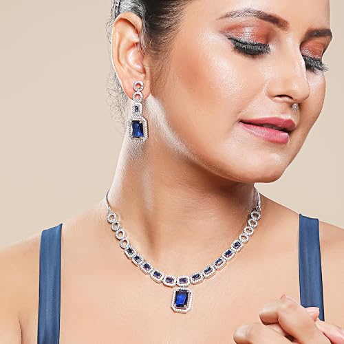 Image of ASMITTA Jewellery Rhodium-Plated Square American Diamonds Studded Pendulous Necklace with Earrings Jewellery Set for Girls Womens