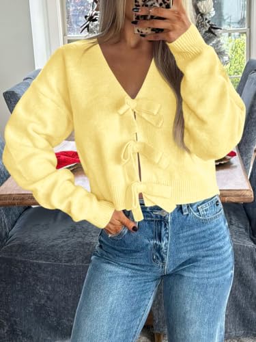 Image of Saodimallsu Womens Bow Sweater Cropped V Neck Long Sleeve Pullover Tops