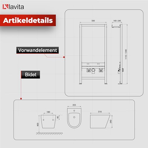 LAVITA Vorwandelement für Bidet LAV 500 + Wand-Bidet Galve Black Komplettset Wand-Hänge Bidet mit Hahnloch und Überlaufschutz aus Keramik WC Toilette Hygienisch und Pflegeleicht 35x51x34 cm – Bild 6