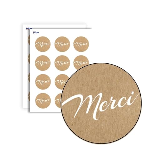 AVERY - 140 Etiquettes Merci Rondes Autocollantes - Ø 35 mm - Papier Recyclé - Effet Kraft - 4 Planches A4 de Stickers Remerciements pour Mariage, Artisanat...