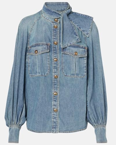 Women's Bow Denim Shirt Button Down High Neck Puff Sleeve Demin Jacket4