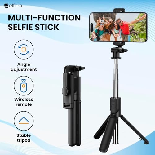 Image of Elfora R1 Selfie Stick Tripod Stand|Lightweight & Portable Design for Stable Shots|Extendable with Wireless Remote for Vlogging & Capturing Photos|Compatible for All Android Smartphones and iPhones