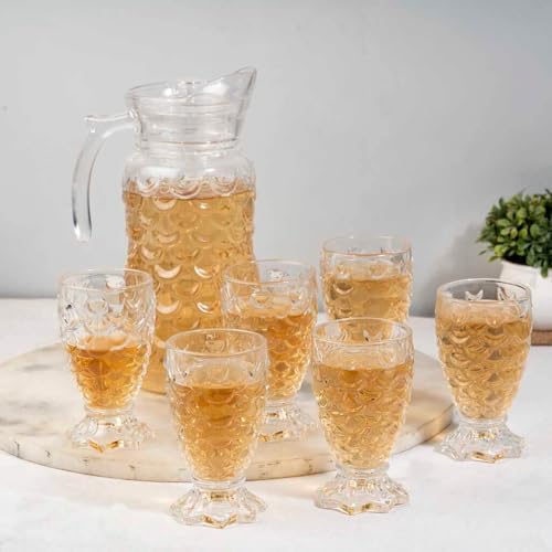 Image of Wringo Premium 7pc Crystal Water Jug with Glass Set and Jug Set Combo,Freezer Safe and Dishwasher Safe (6 Pieces Glasses 200ML and 1 Water Juice Jug 1 Liter), Transparent, Glass and Jug Set (WS-11)