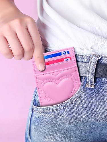 Quilted Leather Small Wallet for Teen Girls Women, Heart Card Holder Gifts for Teenage Girls, Cute Trendy Stuff (Pink, Small)3