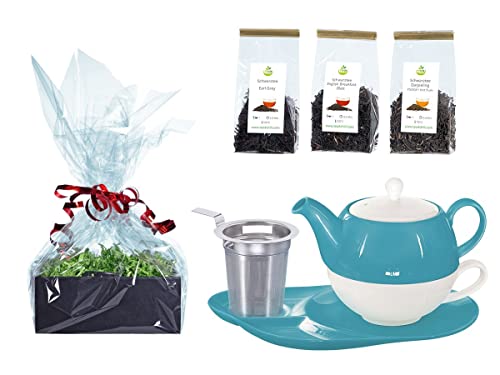 Buchensee Tee Geschenk Set, Tea for One mit Sieb Lena türkis 500ml aus Porzellan. Teekanne + Teetasse + Untertasse mit Ablageflächen + Sieb + Schwarztee Cover
