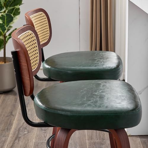 Image of Rattan Bar Stools Set of 2,Upholstered PU Leather, 26'' Counter Height Barstools with Back and Wood Legs,360Swivel,Mid-Century Modern Bar Stool for Kitchen Island Dining Room and Bar(Dark Green)