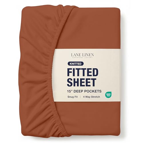 Full Size Bed Fitted Sheet - Cozy Jersey Knit 4 Way Stretch - 100% Polyester Bottom Sheet Secure Fit for 8 - 15 Mattresses - Great for Fall Home Decor - Machine Washable & Fade Resistant - Rust