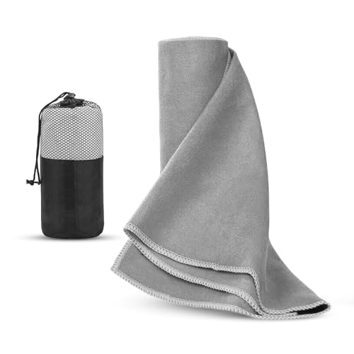 Premium Microfiber Gym Towel with Carry Pouch Quick Dry Ultra Absorbent & Lightweight Travel Towel for Workout Fitness Swimming & Outdoor Use (Black) (Grey)