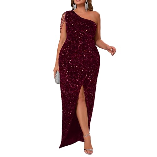 Image of Cololura Women Sequin Elegant Sexy One Shoulder Tassel Mermaid Bodycon Cocktail Evening Dress