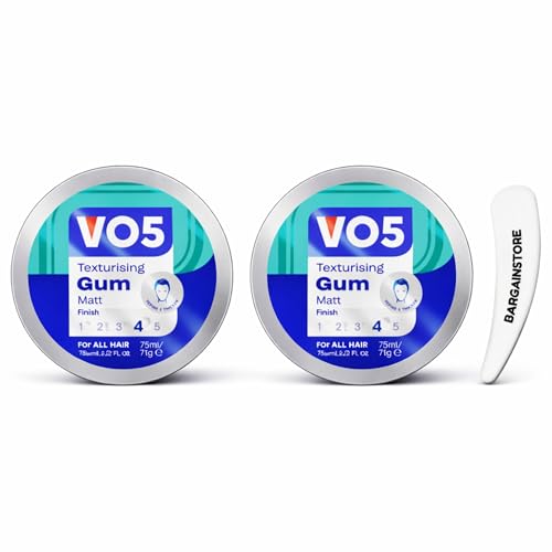 VO5 Texturising Gum Matt Finish Hair Styling Gum Strong Hold Level 4 for All Hair Types Matte Hair Wax Styling Paste for Men & Women 75ml Each Pack of 2 with Bargainstore Spatula