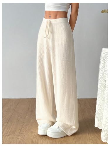 Women's Ribbed Wide Leg Pants Knot Front Elastic Waist Long Pants Trousers2