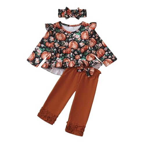 Kislio Toddler Baby Girls Fall Winter Clothes Pumpkin Ghost Shirt Tops Ruffle Pants Set Infant Halloween Outfits 3PCS