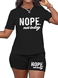 Hilinker Womens 2 Piece Outfits Short Sleeve Top Biker Shorts Set Summer Workout Casual Tracksuit Black NOPE XX-Large