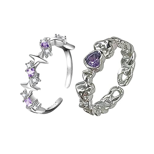 Paquete de 2 anillos ajustables de diamantes de imitación morados, anillos de compromiso de boda Y2K, joyería estética, regalos de cumpleaños para mujeres, diamantes de imitación morados en forma de