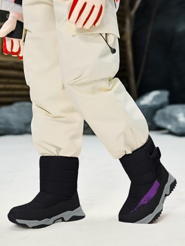Haloumoning Boys Girls Snow Boots Hook and Loop Mid Calf Waterproof Slip Resistant Winter Warm Shoes for Little Big Kids2