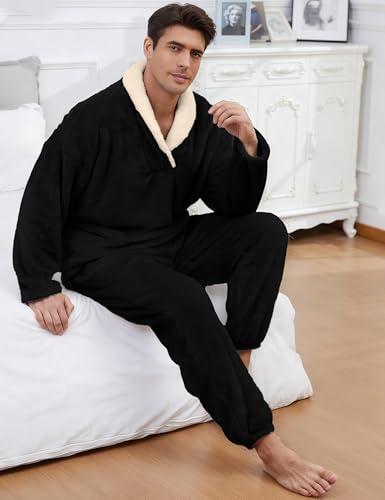 Image of Mens Fluffy Coral Fleece Pajamas Set Pullover Pants Loose Plush Warm Loungewear Sleepwear