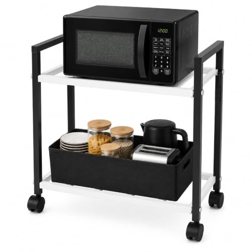 Image of ROHC Microwave Oven Stand with Wheels | Metal Air Fryer Stand for Kitchen | Microwave Trolley Cart with Storage Rack & Shelf, Oven Stand for Countertop & Kitchen