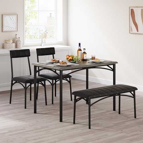 GarveeHome Dining Table Set for 4, Kitchen Table with Upholstered Chairs and Bench, Wood Rectangular Dining Table and Chairs Set for Small Space, Apartment, Dinner, Rustic Gray
