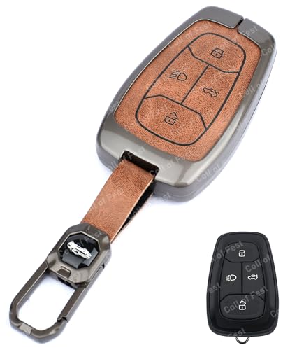 Image of Coll of Fest Exclusive Metal Leather Key Cover Compatible with Tata Nexon, Harrier | Safari | Altroz | Tigor | Ev | Punch | Tiago Ev Electric 4 Button Smart Key Leather Protection with Keychain
